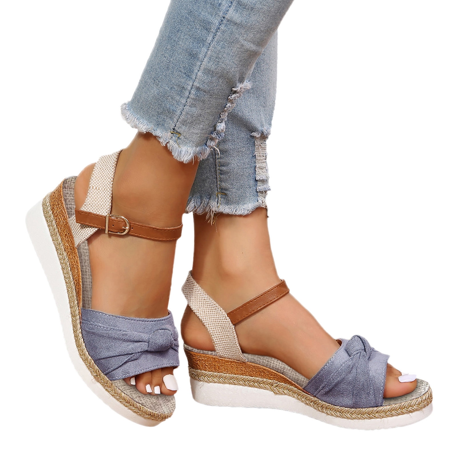 Yindaity Wedge Sandals for Women Topic Open Toe Buckle Ankle Strap Espadrilles Flatform Wedge Casual Sandal Grey,8.5