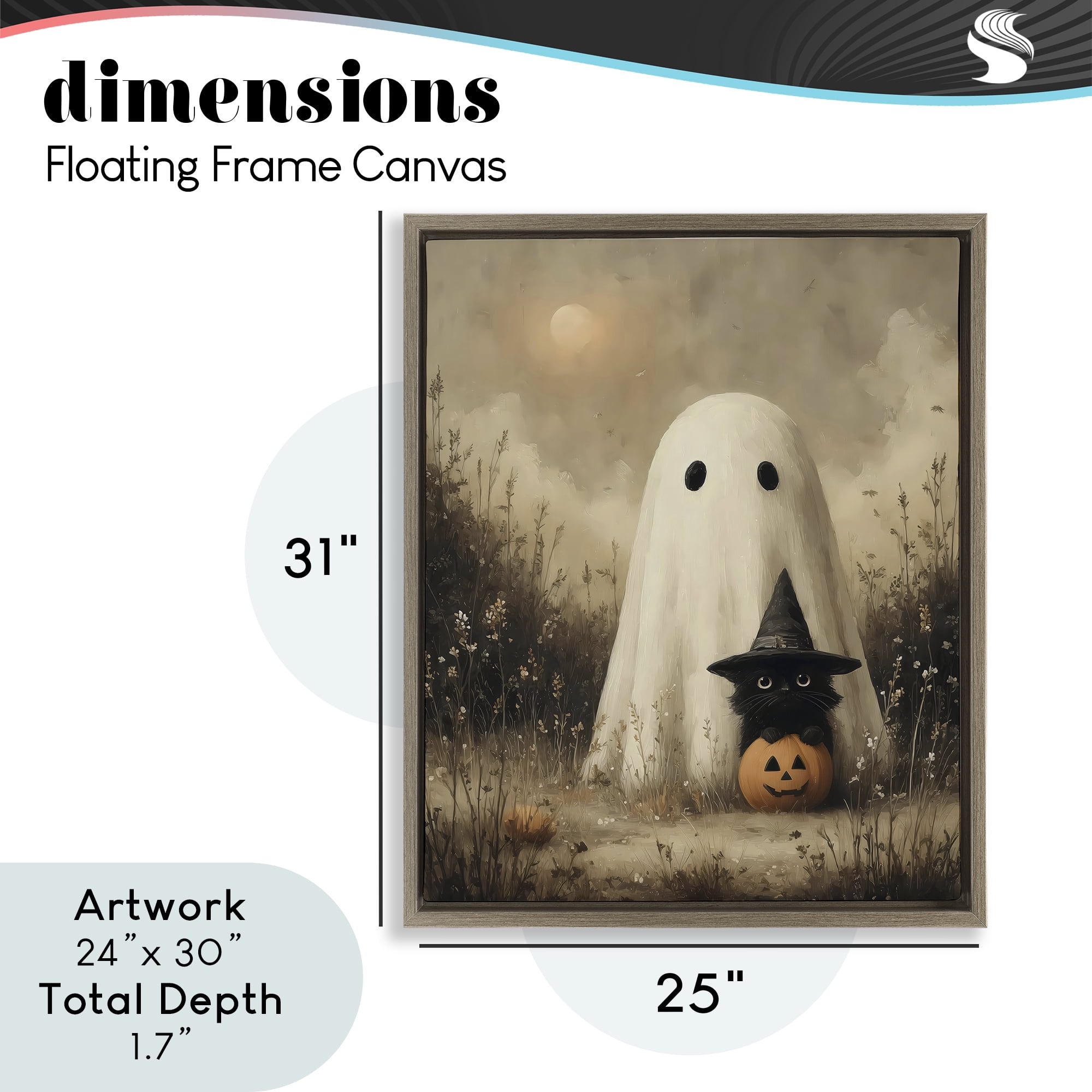 Ghost with Black Kitten Brown Framed Floater Canvas Wall Art, design by Arlington Prints