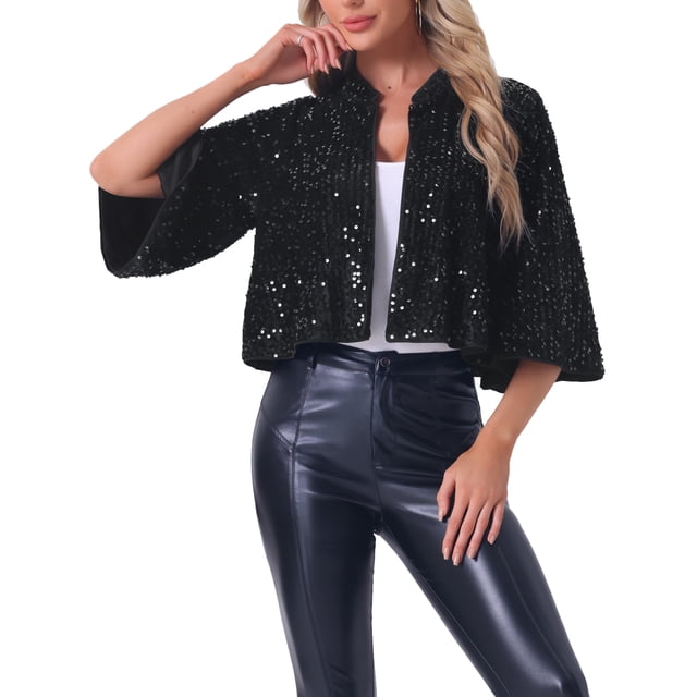 Chaquetas de lentejuelas INSPIRE CHIC para mujeres, capa de terciopelo, boleros brillantes, color negro