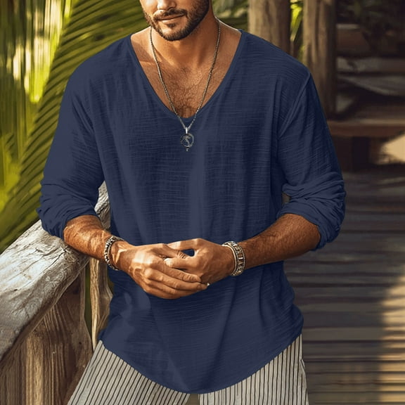 Vekome Summer Shirts for Men Big and Tall Long Sleeve Pullover Tops Loose V Neck Casual Tee Shirts Solid Color Tunic Blouses