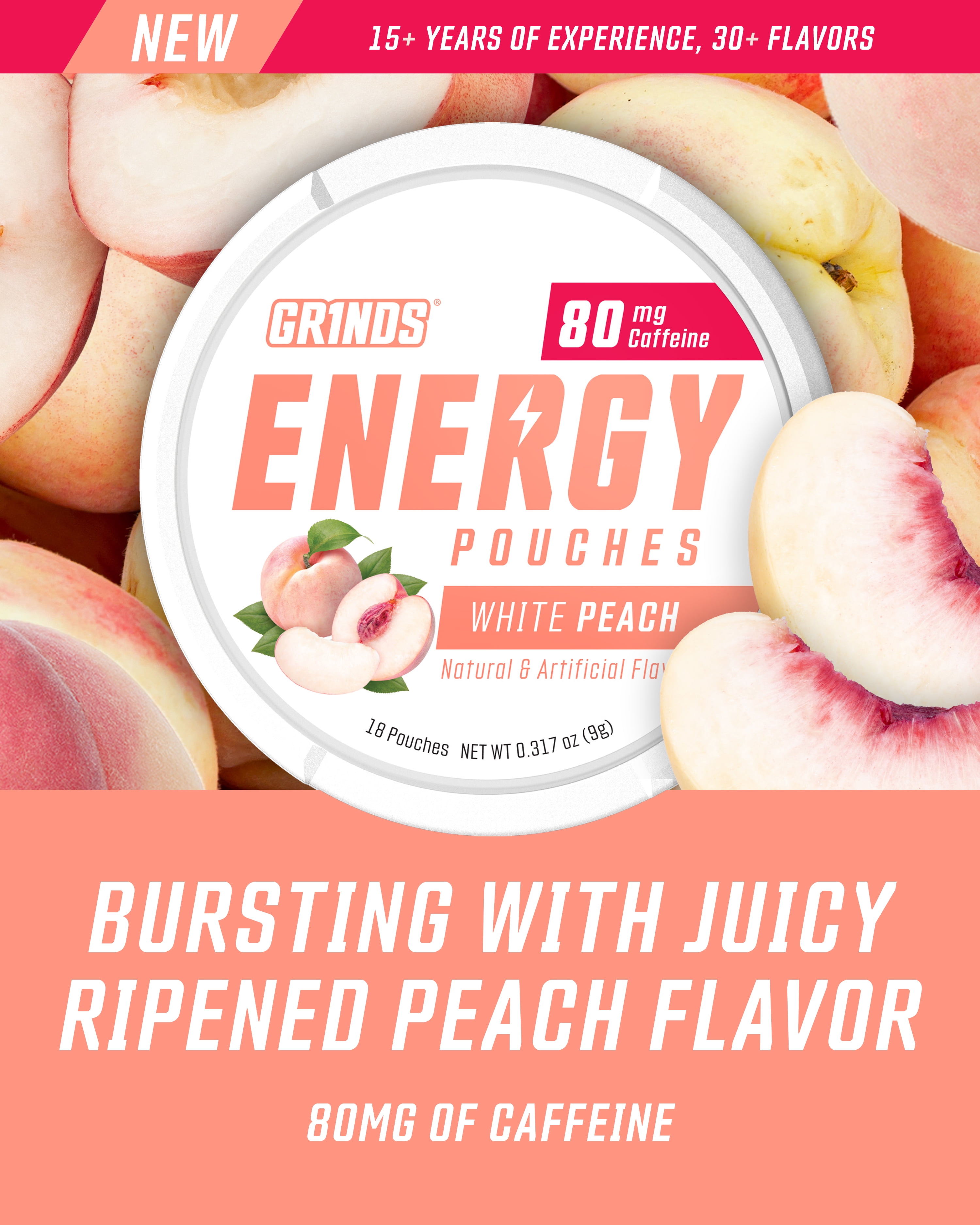 Grinds Energy Pouches, Nicotine-Free, 80mg Caffeine, White Peach, 18 Pouches (1 Can)