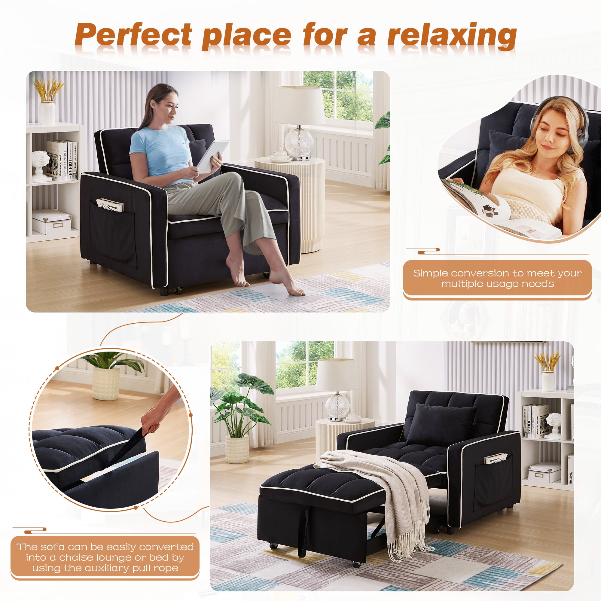 Dinosisco 4-in-1 Convertible Chair Bed, Sleeper Chair Lounge Chair Indoor, Modern Single Pull Out Couch for Living Room, Black Velvet