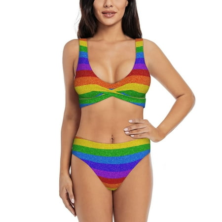 Zeuib Colorful Glitter Rainbow High Waisted Tummy Control Bikini Set - Knot Front Push Up Top & Cheeky Thong Bottom  Two-Piece Swimsuit for Women-Medium