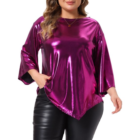 Agnes Orinda Women's Plus Size Halloween Outfits Metallic Top Glitter Crew Neck 3/4 Bell Sleeve Asymmetric Hem Club Party Shiny Blouse 3X Purple Red