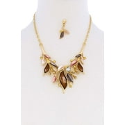 Stylish Multi Rhinestone Leaf Necklace And Earring Set Brown