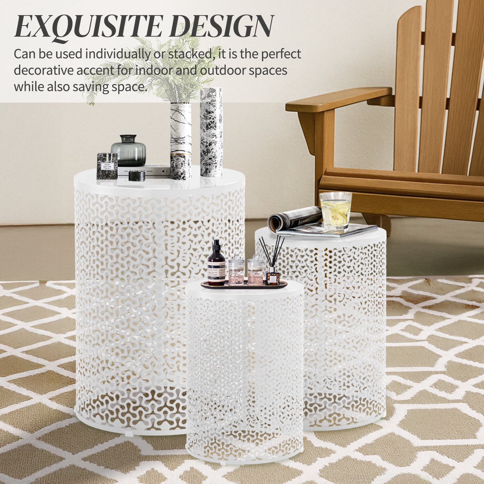 Ktaxon 3 Piece Metal Stacking Side Table Set for Patio Indoor Outdoor Nesting End Tables Clover Design, 12/14/16 Inch, White