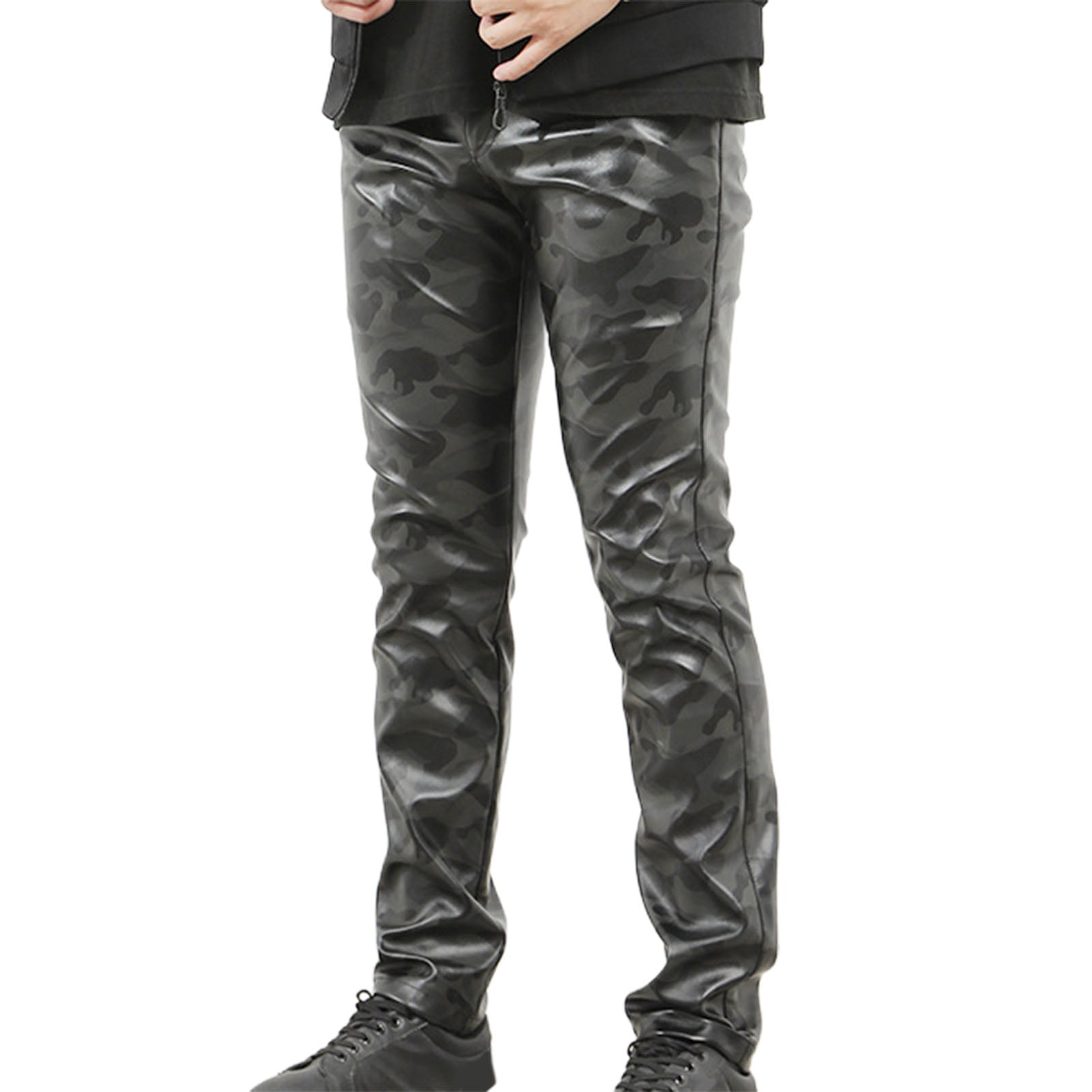 Men's Faux Leather Cargo Pants Slim Fit Drawstring Waterproof Pocket Slim Fit D