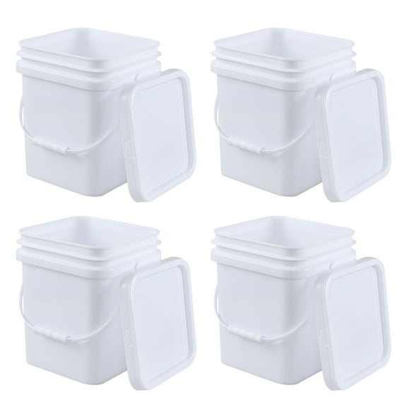 Teyyvn 5 Gallon Plastic Square Bucket with Lid and Handle, 4 Pack White Square Food Bucket Pail Container