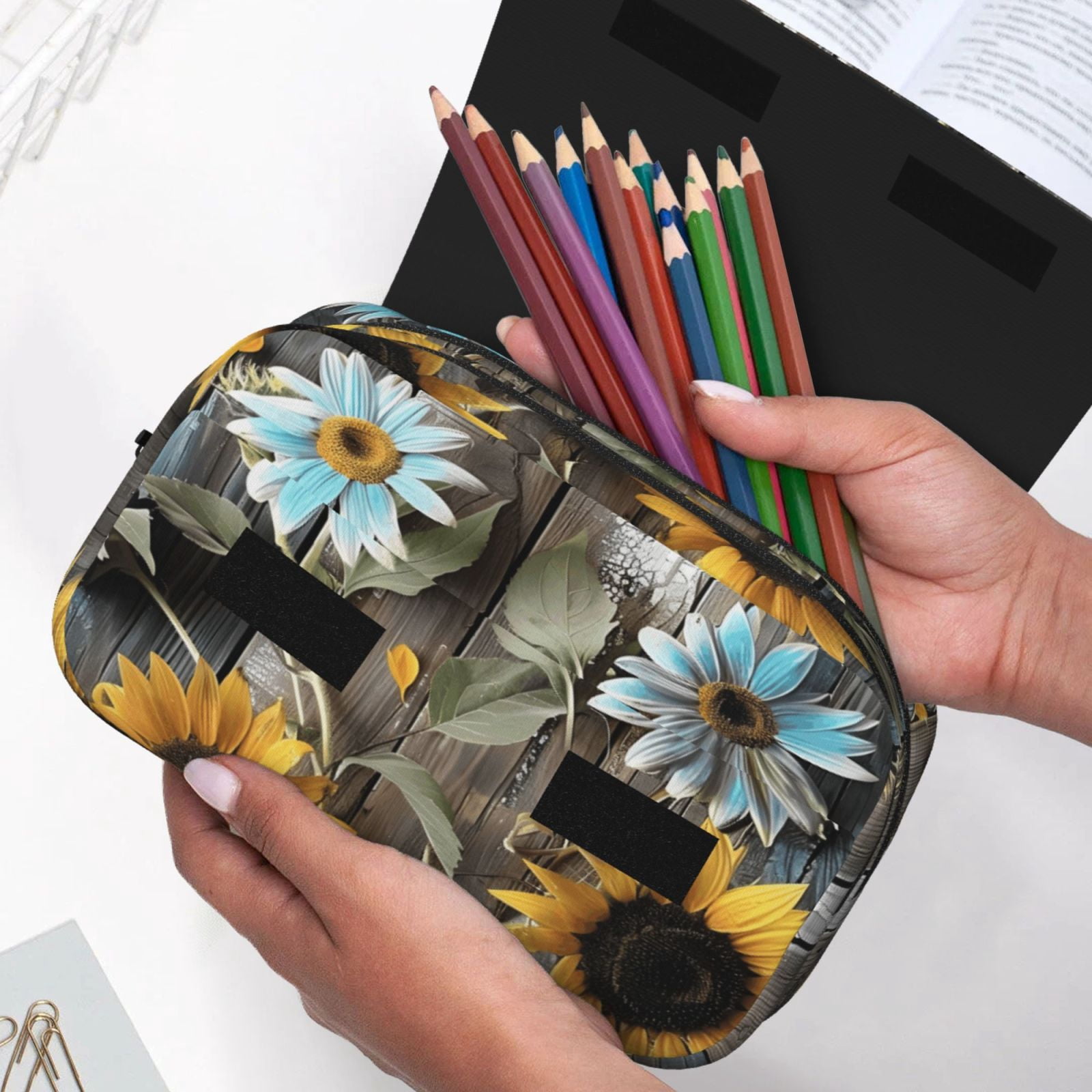 Large-Capacity Flip-Top Double-Layer Pencil Case, Multi-Functional Pocket Pen Case, Durable Stationery Organizer Turquoise Wood Farmhouse Sunflowers (1)
