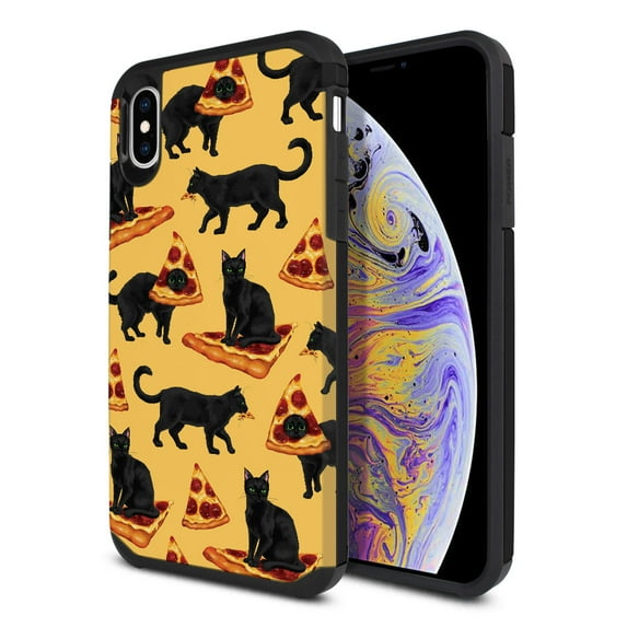 FINCIBO Black Hybrid Case Hard Plastic TPU Slim Back Cover for Apple iPhone XS Max 6.5", Black Cat Love Pizza
