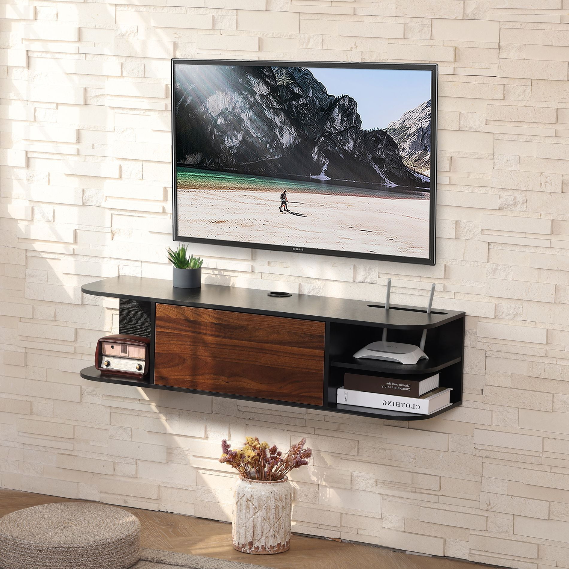 Fitueyes Wood Floating Shelves Media Center TV Stand Wall Mounted A/V Console 