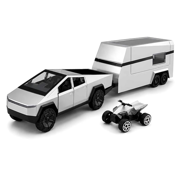 Tigozz 1:36 Cybertruck Pickup and Camper Trailer Toy Set with Mini Quad Bike, Pull-Back Action, Opening Doors, Lights and Sounds, Silver