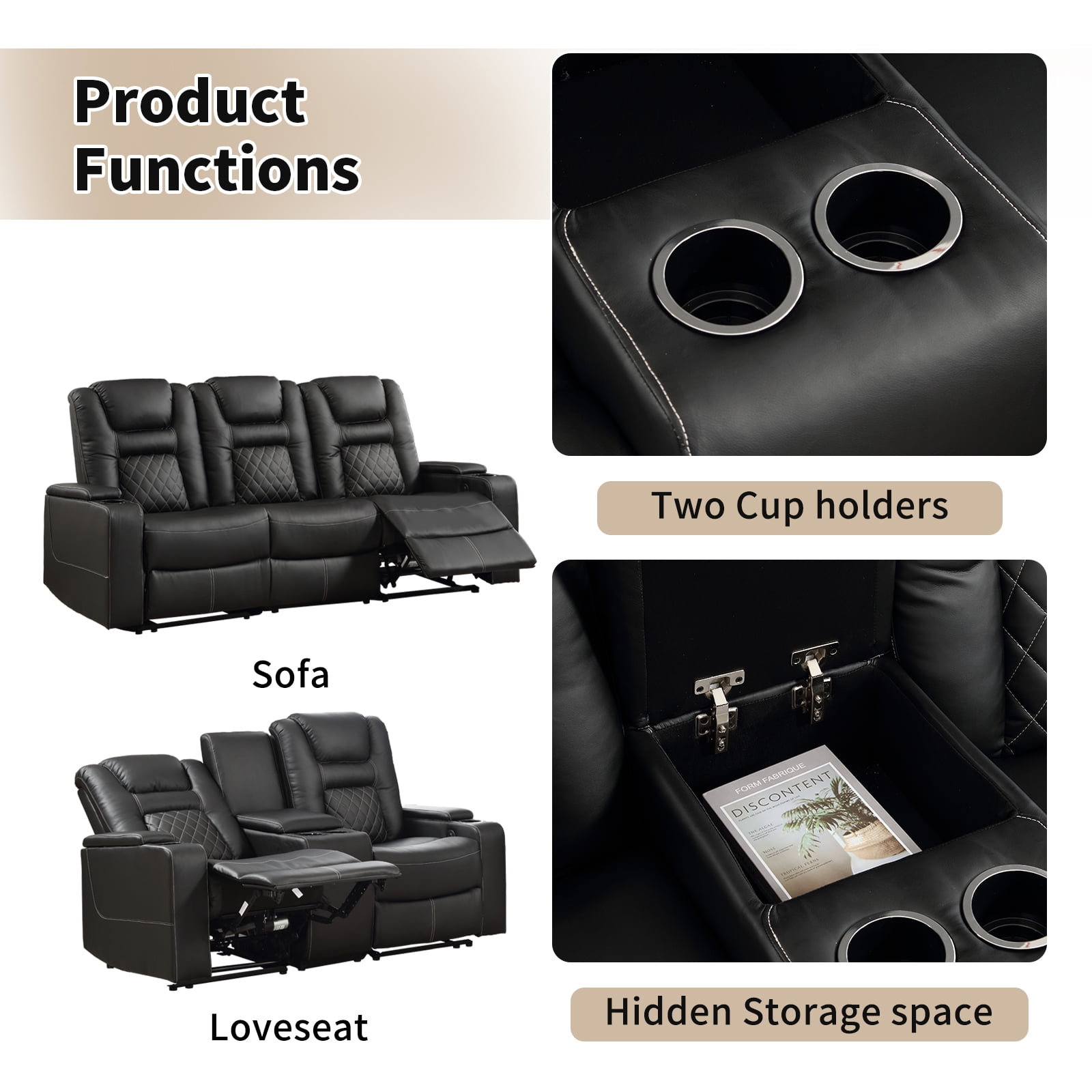 Bonzy Home Electric Power Recliner Loveseat with Console, 2-Seat Theater Seating Living Room Furniture Set, Cup Holders, Hidden Arm Storage, USB Charging Ports, Black