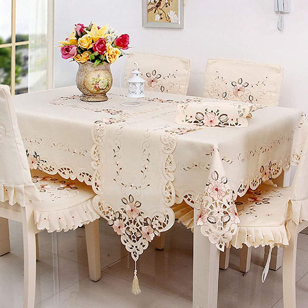 ALmi Beige Flower Embroidered Lace Chair Cover, Vintage Classic Dinning