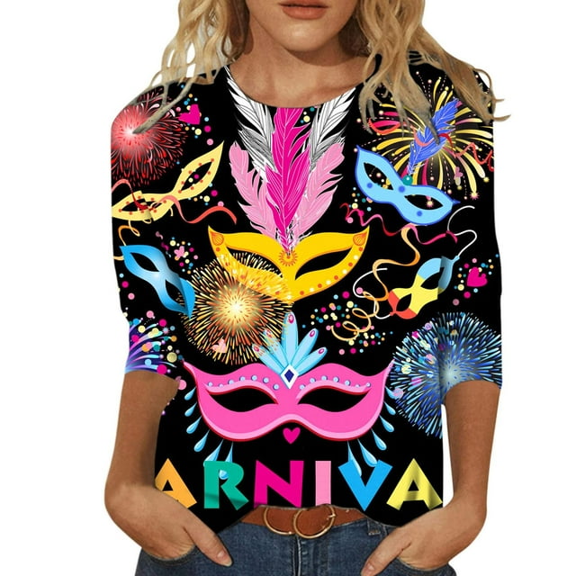 TSADFHJI Hauts d'Hiver pour Femmes Tendance Joyeuses Fêtes Imprimé Manches 3/4 Col Rond T-Shirt Blouse TTTG Noir