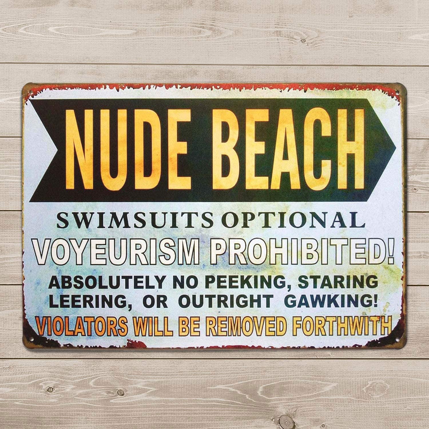 Nude Beach Swimsuits Optional Voyeurism Prohibited Metal Tin Sign Vintage Plaque Home Wall Decor, 8x12 Inches pic