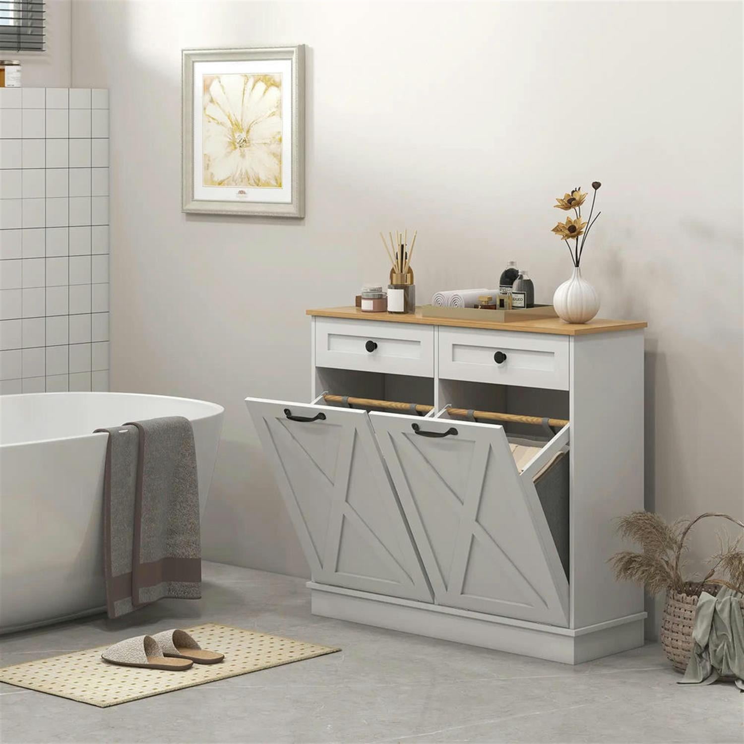 Demi Bonn 35" Bathroom Storage Cabinet with Tilt-Out Trash, Laundry Cabinet with 2 Removable Laundry Basket and 2 Drawer for Kitchen, Living Room, White