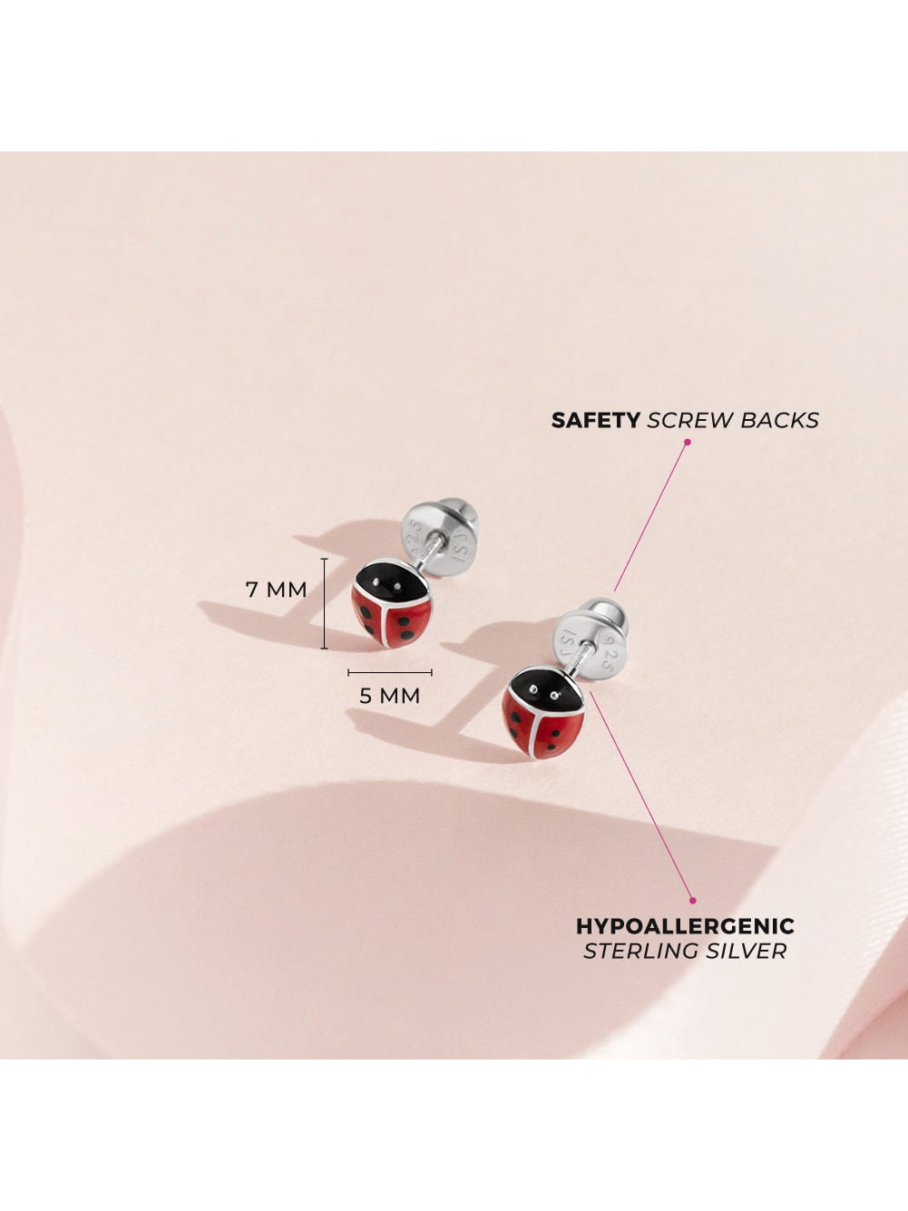 Ladybug Baby / Toddler / Kids Earrings Screw Back Enamel - Sterling Silver