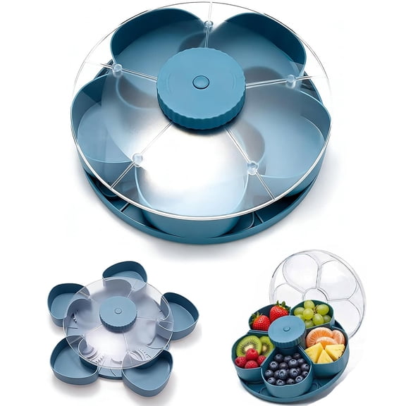 Divided Spin and Snack Serving Tray, 360° Rotating Lazy Susan Charcuterie Board with Lid, Multi-Compartment Food Organizer Design, Lazy Susan Serving Platter for Fruit, Nuts, Candy (Blue)