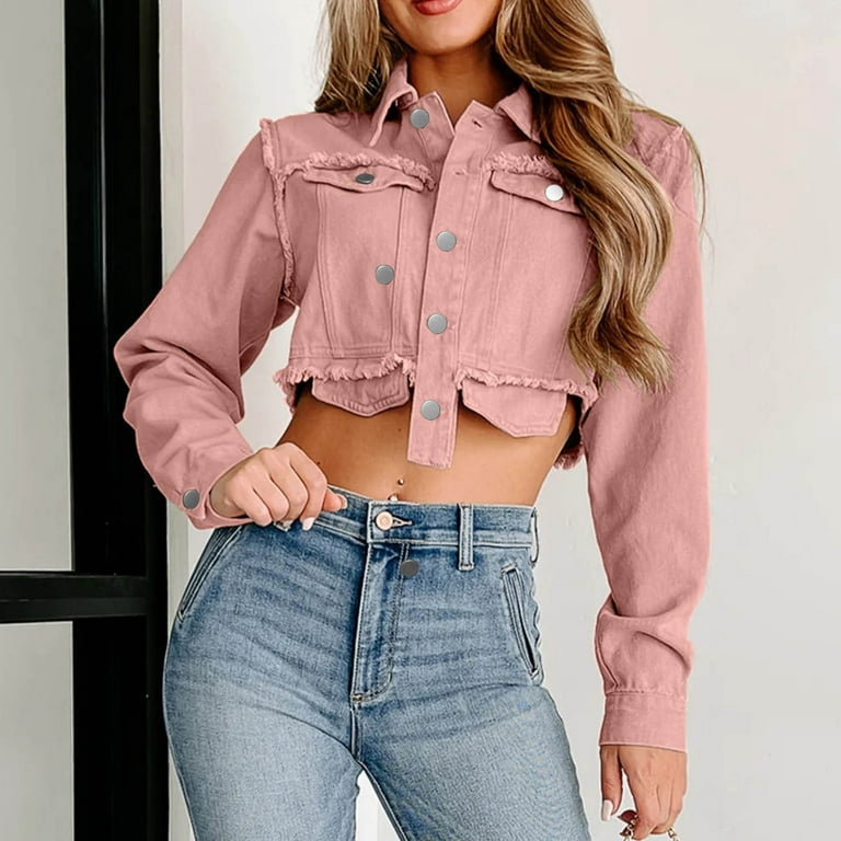 Pink cropped jean jacket sales