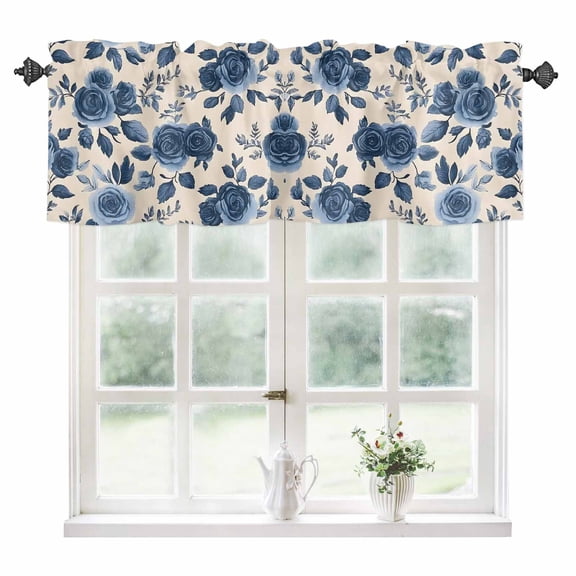 Navy Blue Floral Kitchen Valances for Windows 42x12 Inch Kitchen Curtains Valances Rod Pocket Rustic Spring Flower Blossom Bathroom Window Valances for Window Treatment Decor