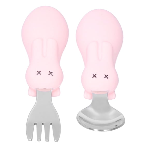 BOKYAN Toddler Rabbit‑Shaped Stainless Steel Fork & Spoon Set – Easy‑Grip, Dishwasher Safe, Pink
