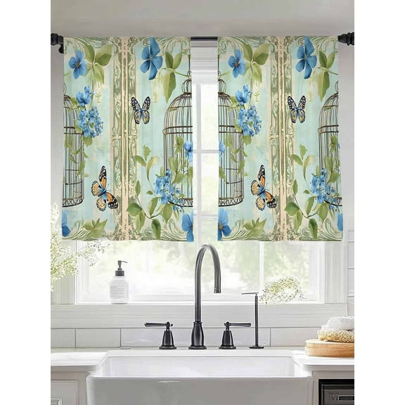 Birds Cage Sheer Curtains for Living Room Bedroom Green Botanical Blue Floral Sheer Curtains 54 Inch Long 2 Panels Set Light Filtering Curtain Window Treatments Drapes for Dining Room