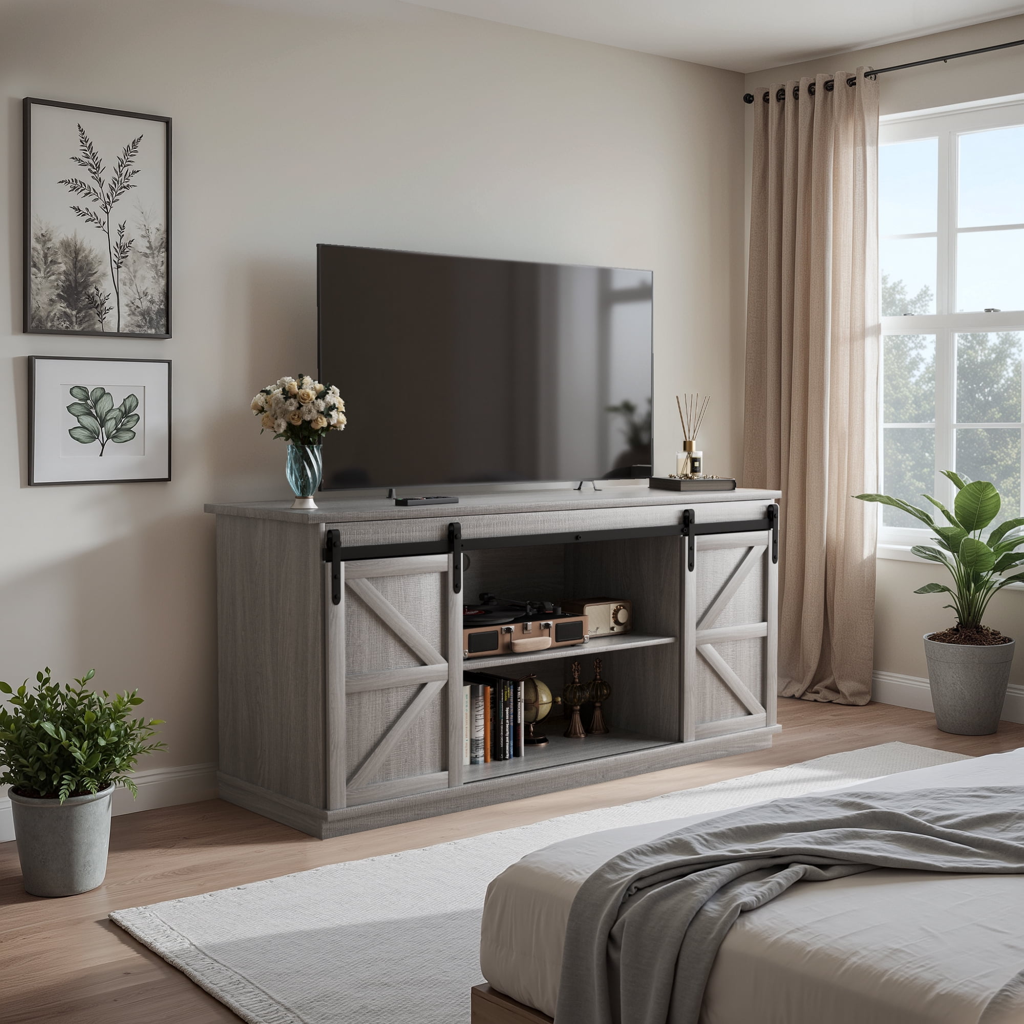 Vineego 58 inch Farmhouse TV Stand and Entertainment Center for Televisions,with Sliding Barn Doors and Storage Cabinets,Gray