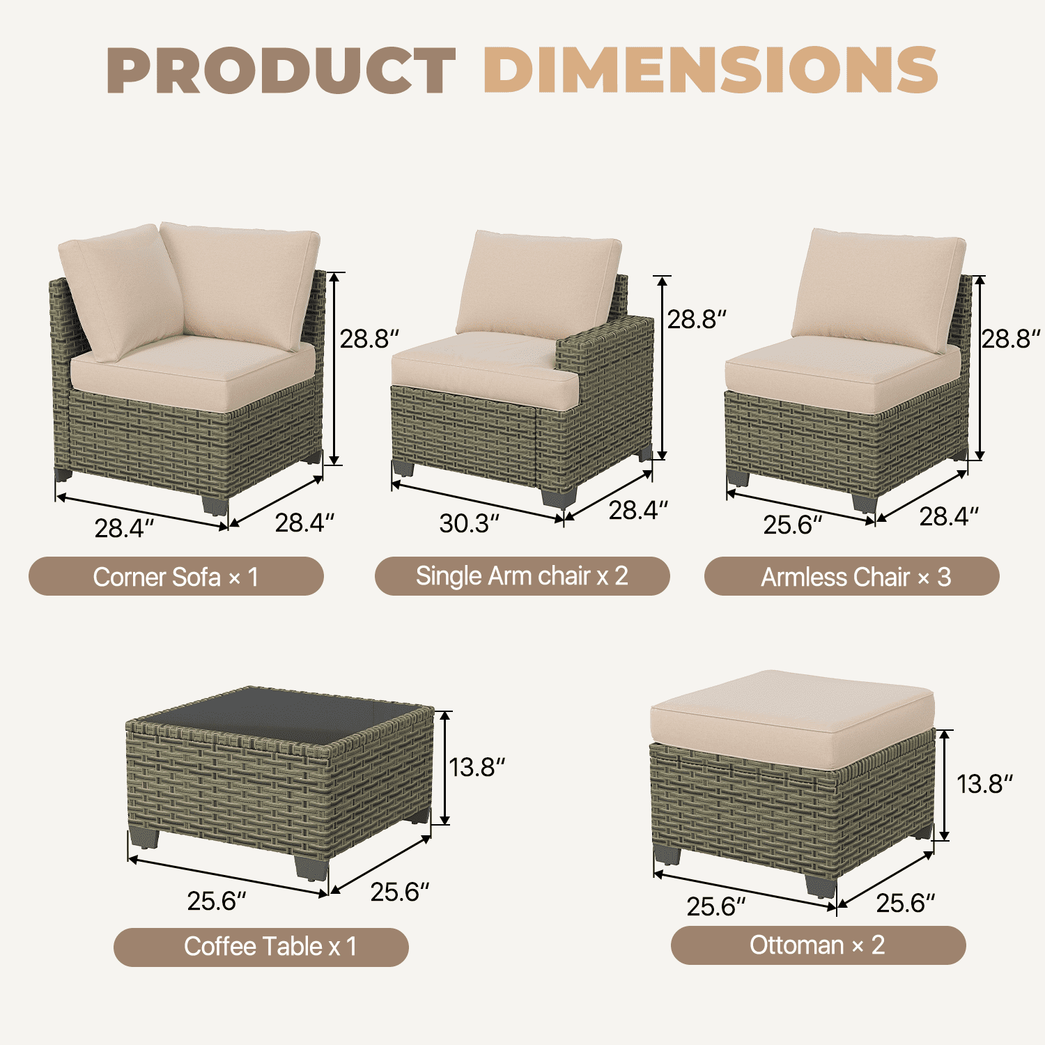 BaPiPro 9-Piece Outdoor Rattan Modular Patio Sofa Set with Thick Beige Cushions, Multi-Use Ottoman and Easy-Clean Coffee Table for Garden and Patio Leisure Use