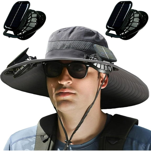 Wide Brim Solar Fan Outdoor Fishing Hat,Men Sun Hat with 2 Solar Fan Fishing Hats,Solar Fan Hat Upf50 ,3 Speed Adjustable Fan Hat(Dark Gray)