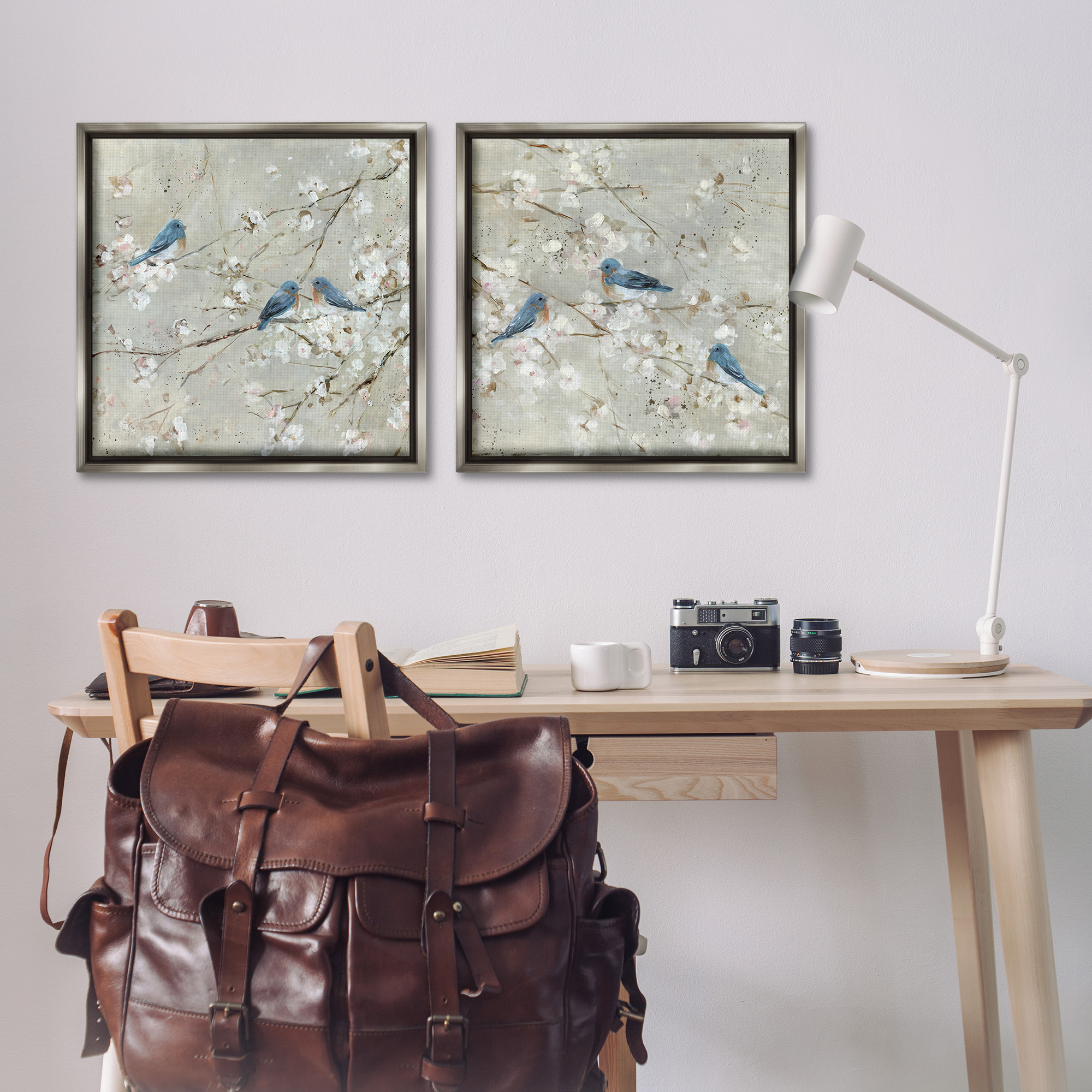 Stupell Industries Blue Birds Perched Tree Blossoms Animals & Insects Painting Gray Floater Framed Canvas Art Print Wall Art, 25 x 25, Set of 2