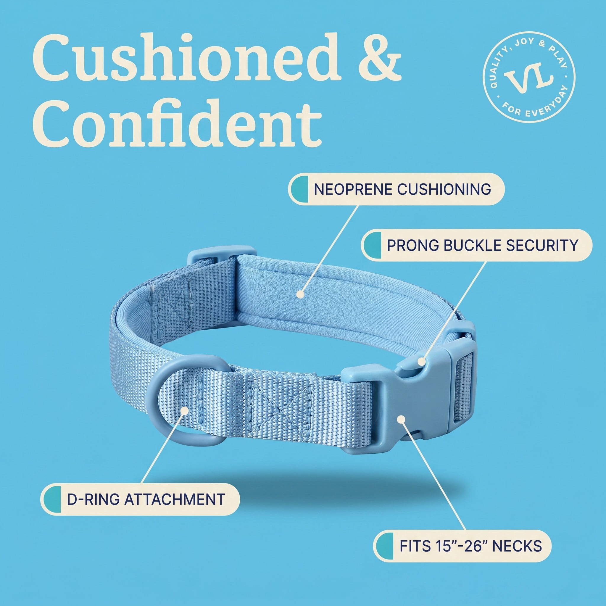 Vibrant Life Neoprene Cushioned Adjustable Dog Collar, Soft Blue, L