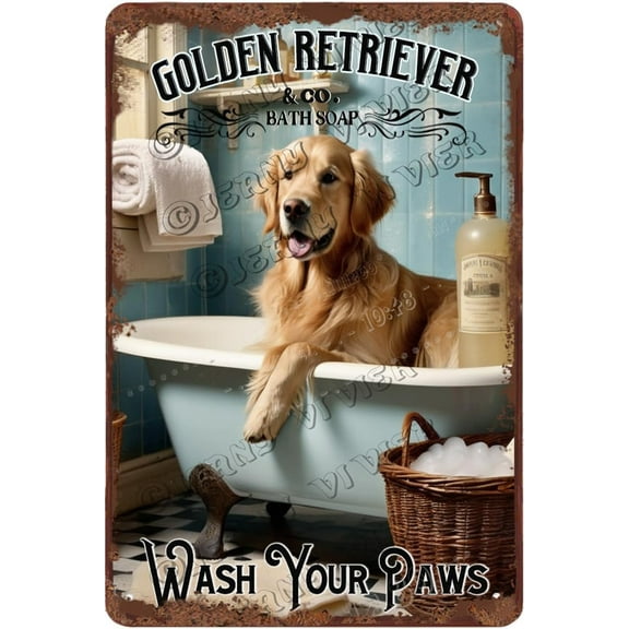 Golden Retriever Decor Wash Your Paws Dog Art Retro Aluminum Sign 12x8 IN Metal Tin Sign Funny Bathroom Decor Dog Gifts Golden Retriever Wall Decor Shabby Chic Wall Art for Kitchen