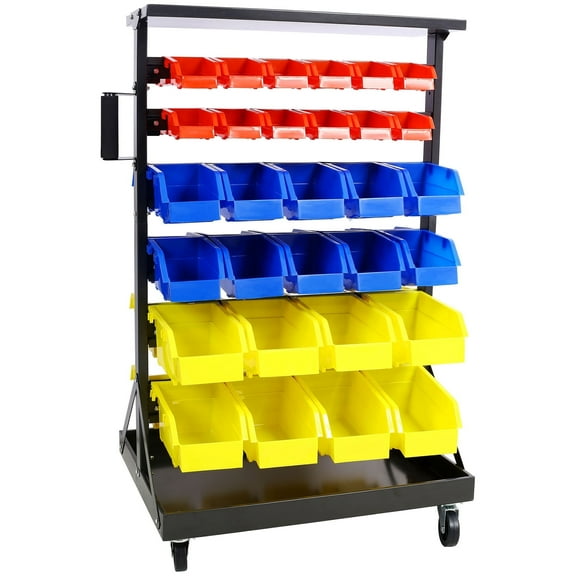 6-Tier Dual-Sided Rolling Bin Rack with 60 Organizer Bins, Tray and Casters, 350 lb Capacity Storage Organizer