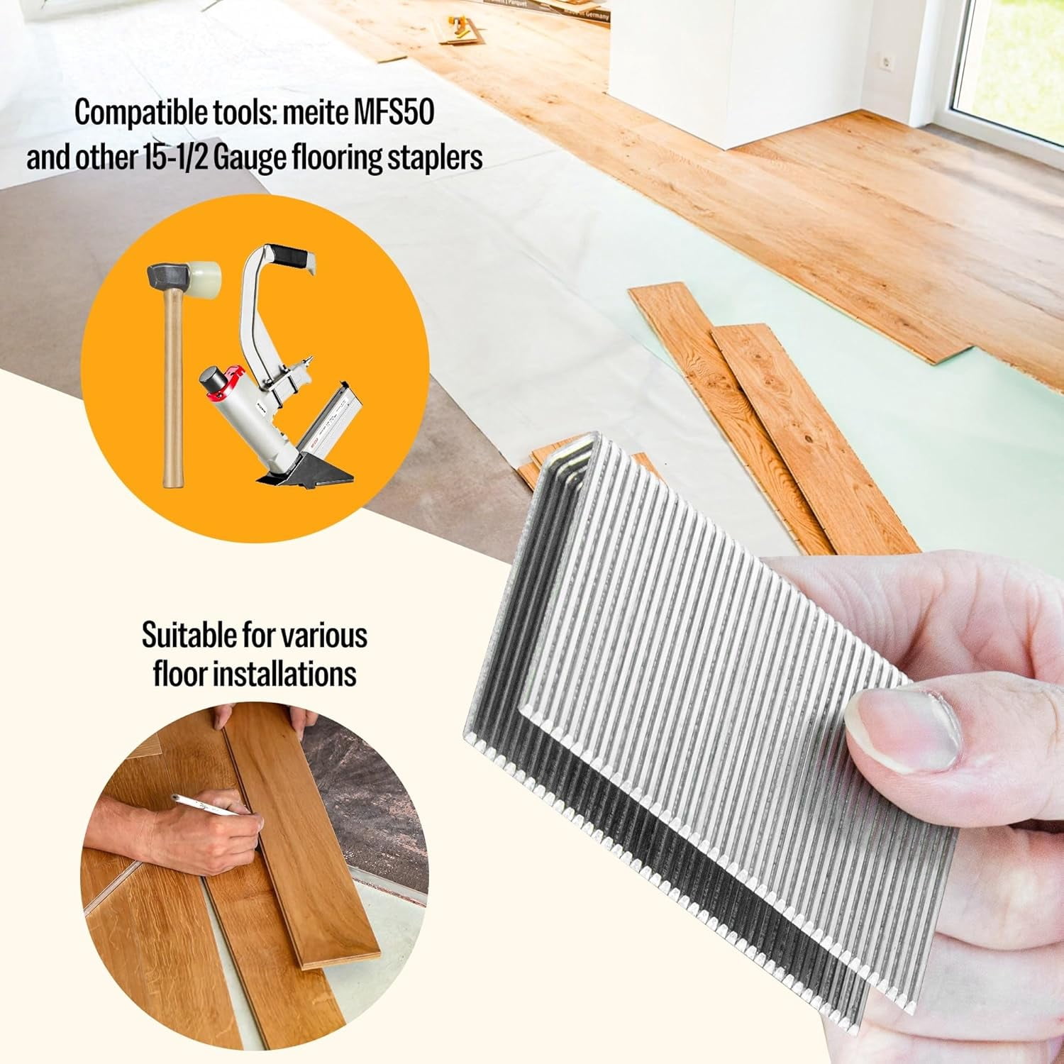5,014 PCS MEITE 15.5 Gauge Flooring Staples, 2-Inch Length, Hardwood Type 1/2-Inch Crown Galvanized Staples