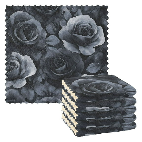 6 Pieces of Kitchen Towels 11x11Inch Kitchen Dish Cloths Kitchen Dish Towels Reuseable Cleaning Cloths Black Flowers