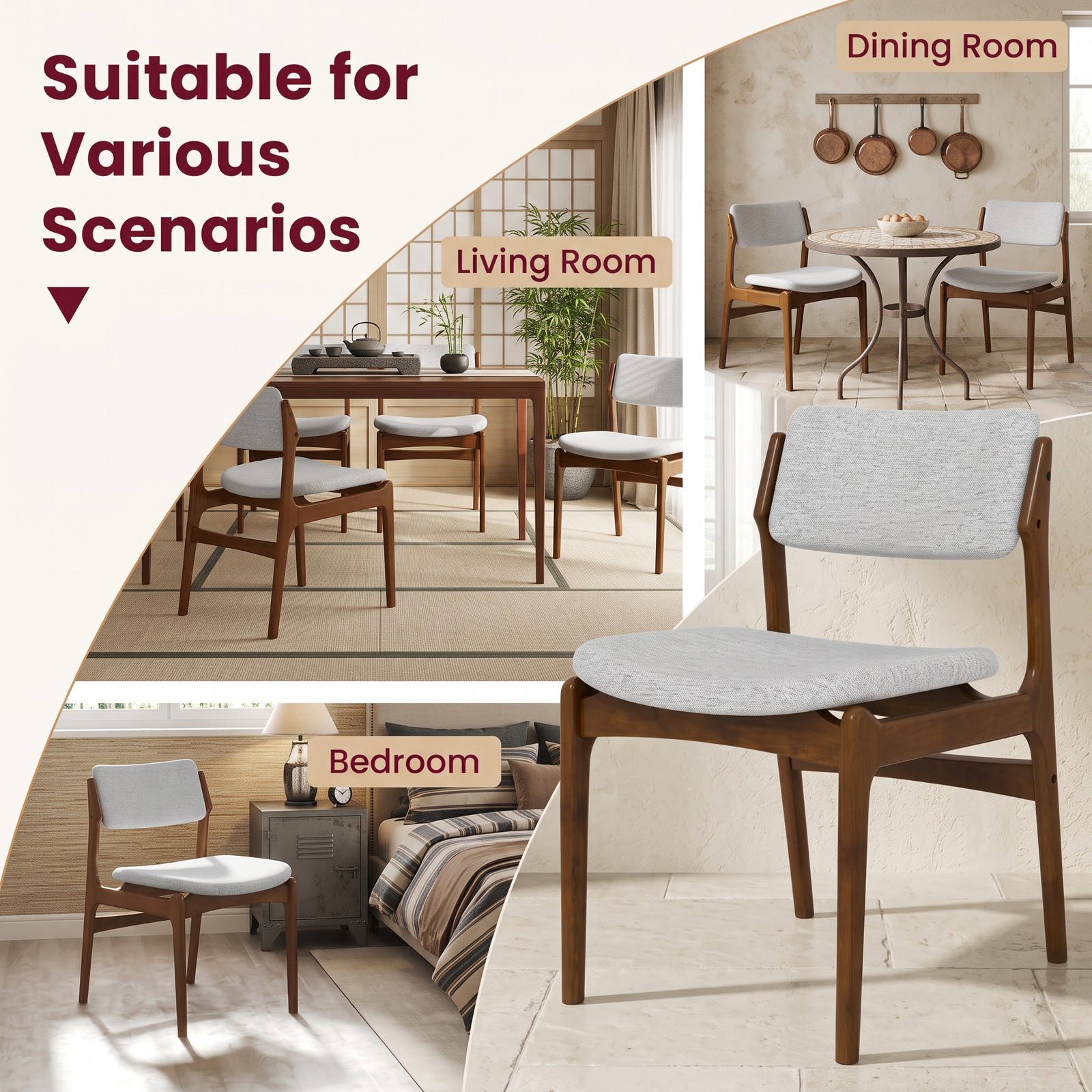 Furnibear Modern Padded Dining Chairs Set of 2, Upholstered Linen Fabric Kitchen Chairs with Solid Rubber Wood Legs, Ergonomic Slanted Backrest Accent Side, Brown