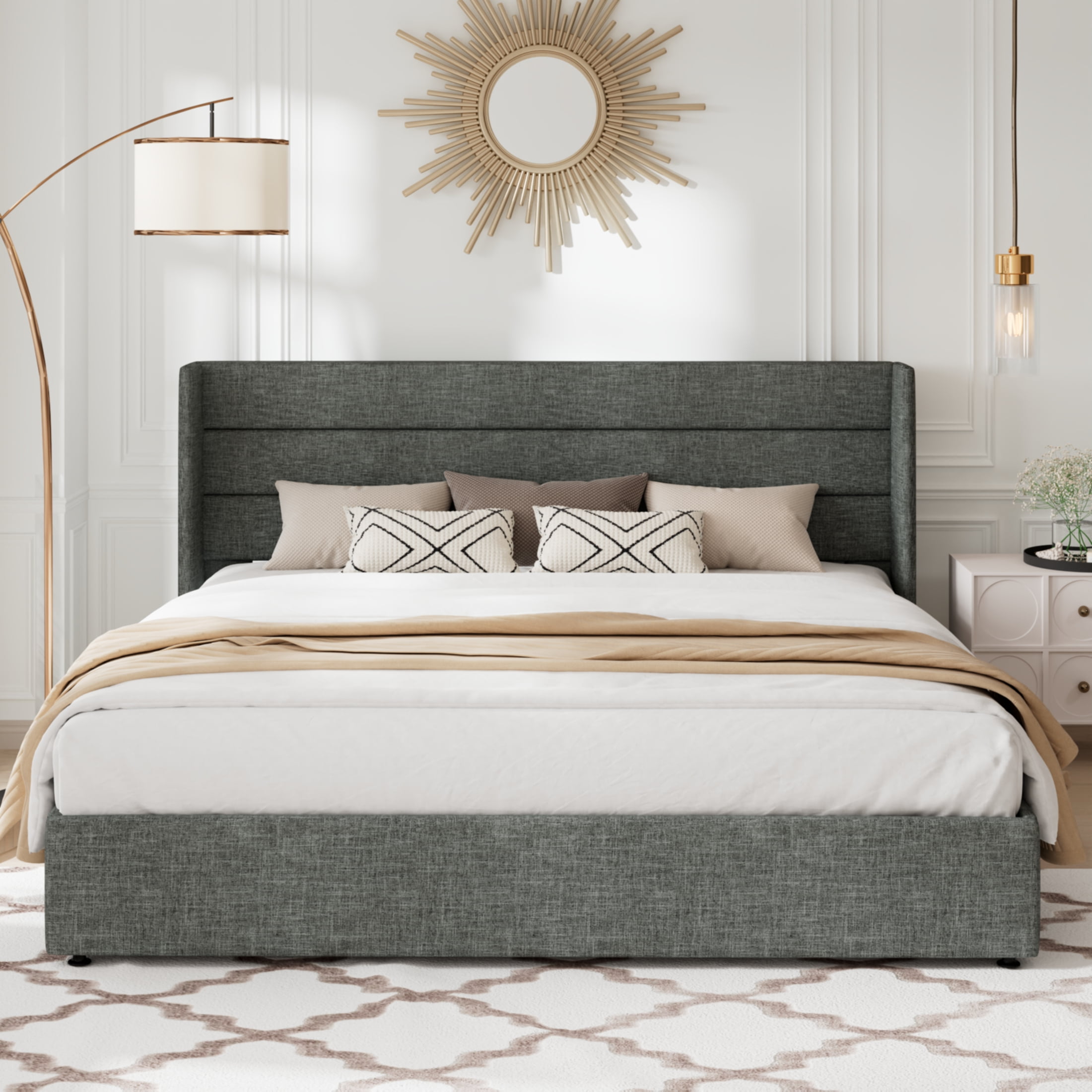 Allewie King Size Lift Up Platform Storage Bed Frame with Channel Wingback Headboard, Dark Grey
