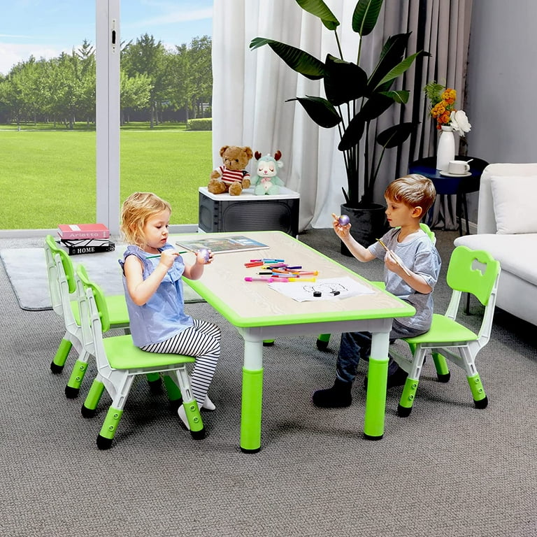 AuAg 47.2 Kid Table and 4/6 Chairs Set, Height Adjustable Toddler Study  Table&Chair Set for Age 2-10, Multi-Activity Art Table  W/Graffiti&Scrubtable Desktop, for Daycare, Classroom, Home 