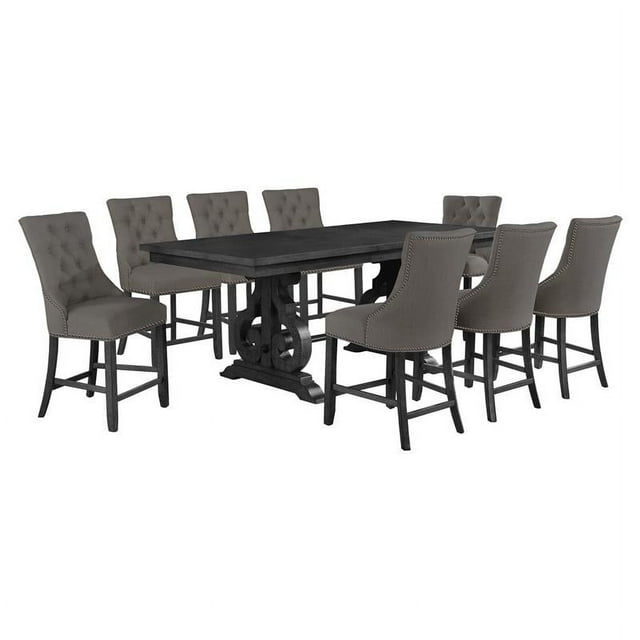 Ensemble de Salle à Manger 9pc Counterheight en Bois Gris Foncé avec Chaises en Lin Gris