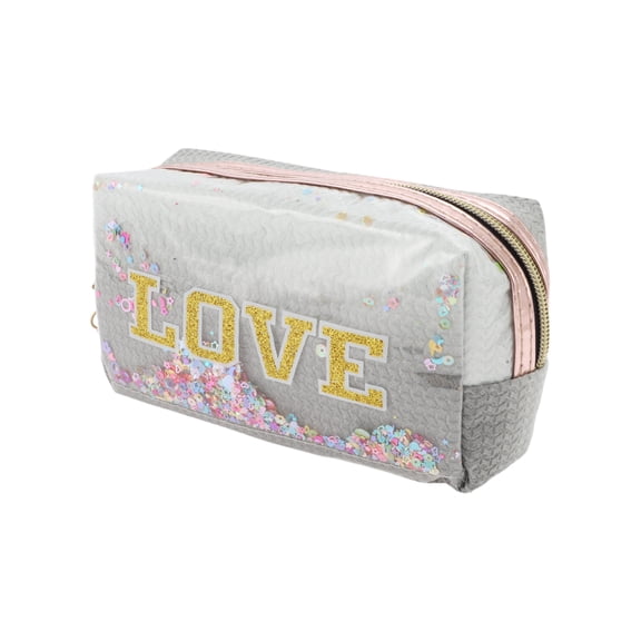 Unique Bargains 1 Pc Women Portable Sequin Embroidery LOVE Makeup Bag for Vacation PU Gray, White