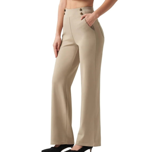 Htigea Women's Work Pants Trendy High Waisted Straight Leg Trousers Solid Color Dressy Business Office Pant with Pockets Khaki S