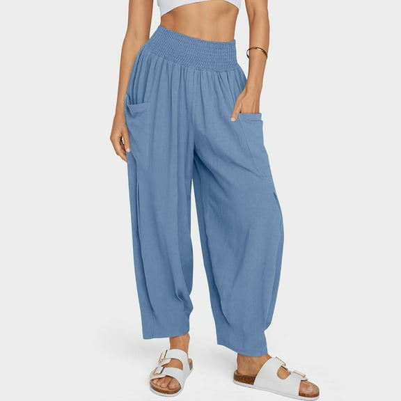 SELONE Womens Casual Pants Pull on with Pockets High Waist Plus Size Lounge Pants Cotton Linen Elastic Waist Cropped Trousers Loose Elastic Cuffs Trendy Pants Solid Blue 2XL Tall Summer Clothes