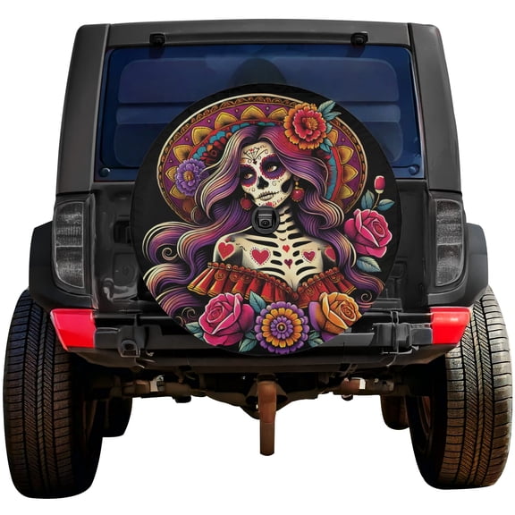Lotusprinthandmade Sugar Skull Beauty Spare Tire Cover With Backup Camera Hole 6 Sizes (27 in.), sugar skull tire cover