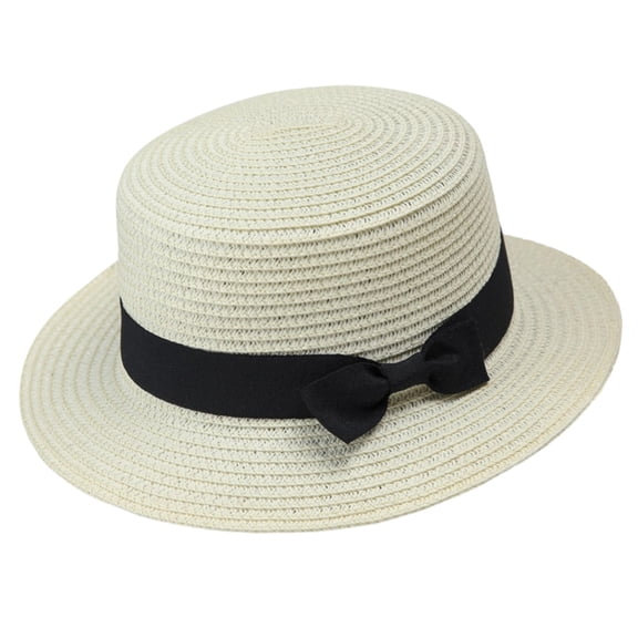 Women's Straw Boater Sun Hats, Flat Top Wide Brim Sun Hat with Black Bow Ribbon, Foldable Beach Hat for Daily Outdoor