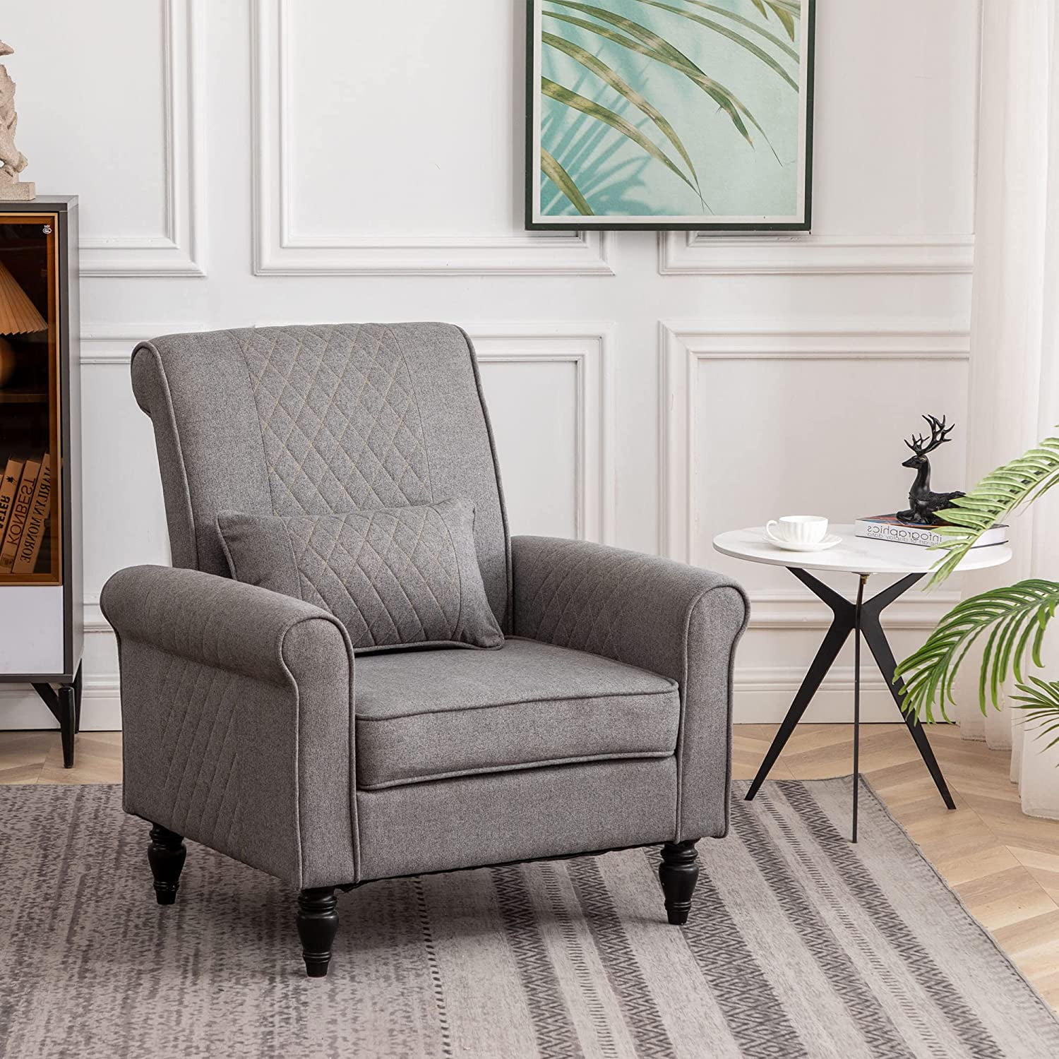 Andeworld Modern Accent Chair with a Pillow & Curved Back, Grey Accent