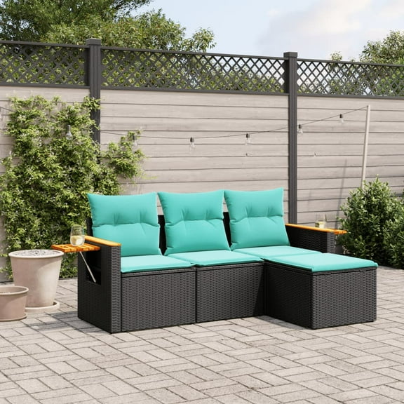 vidaXL 4 Piece Patio Sofa Set with Cushions Black Poly Rattan