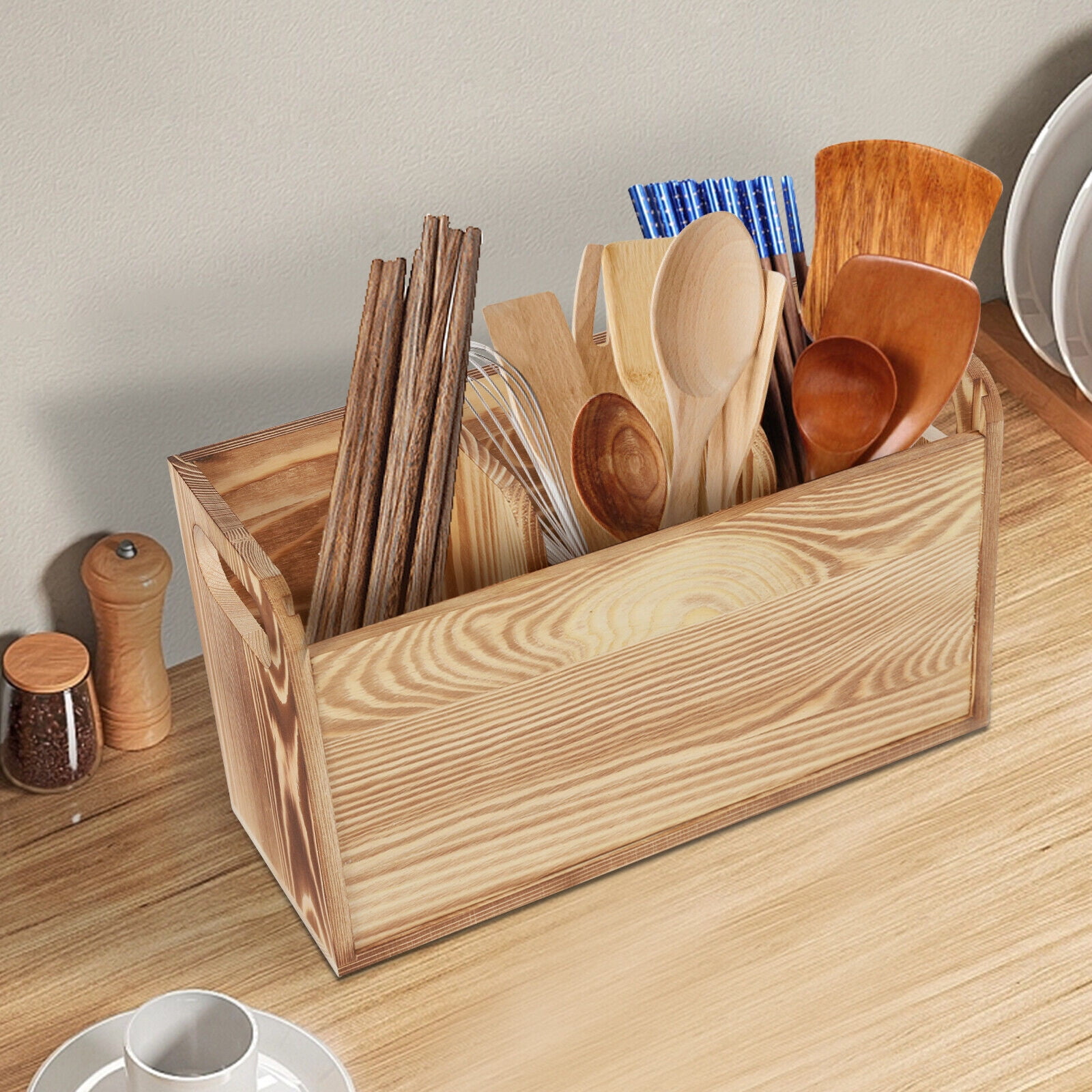 Miumaeov Rustic Utensil Holder Wooden Farmhouse Style Utensil Organizer