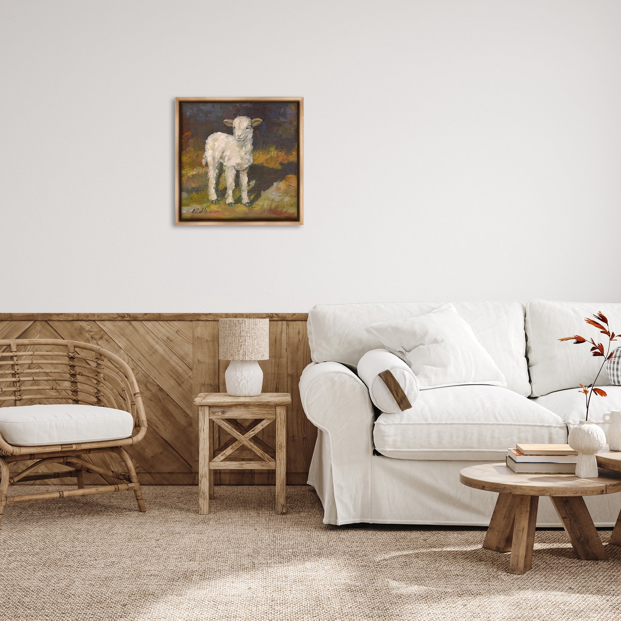 Stupell Industries Soft Baby Lamb Painting Animals & Insects Painting Brown Floater Framed Canvas Art Print Wall Art, 25 x 25