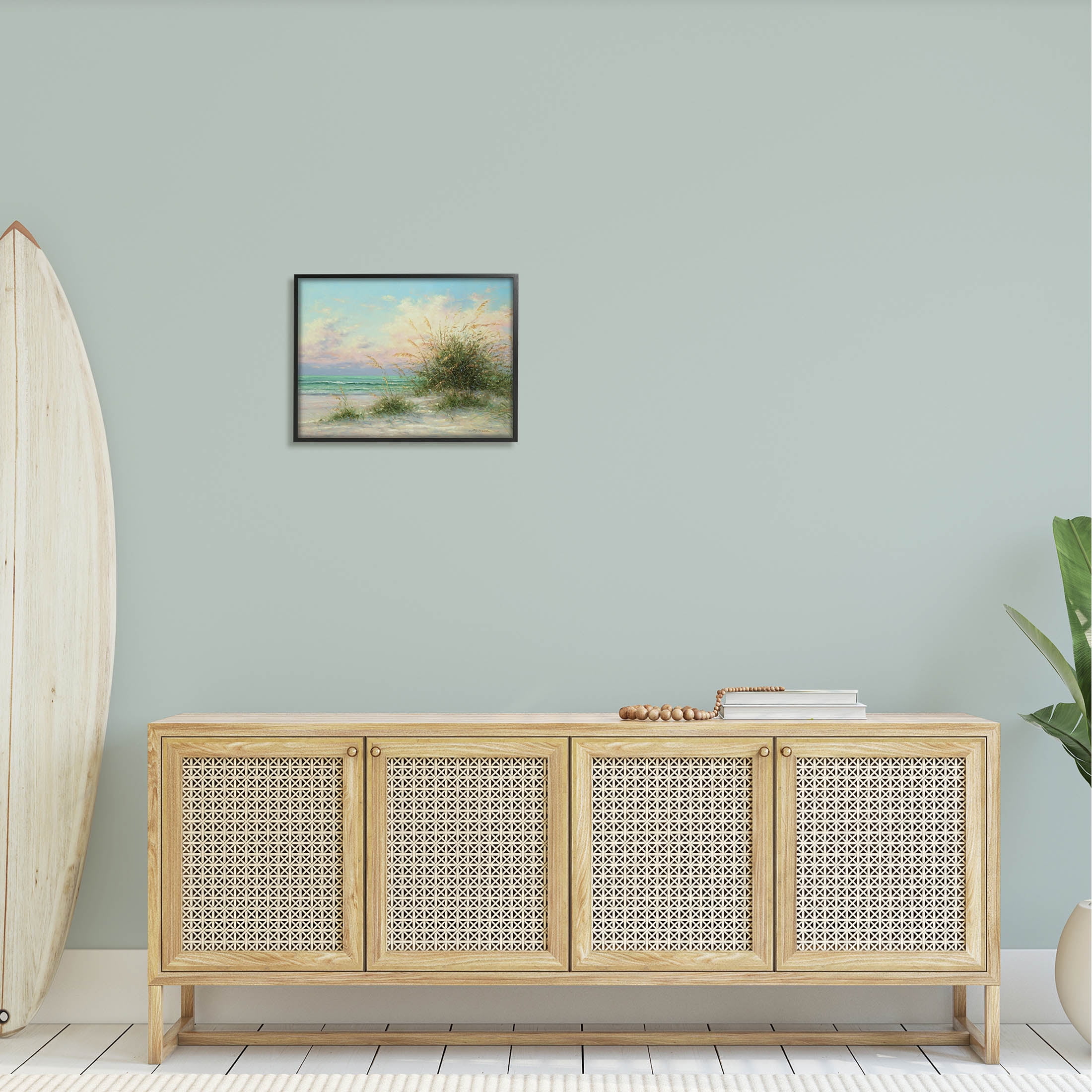 Summer Beach Grass Sea Waves Coastal Painting Black Framed Art Print Wall Art